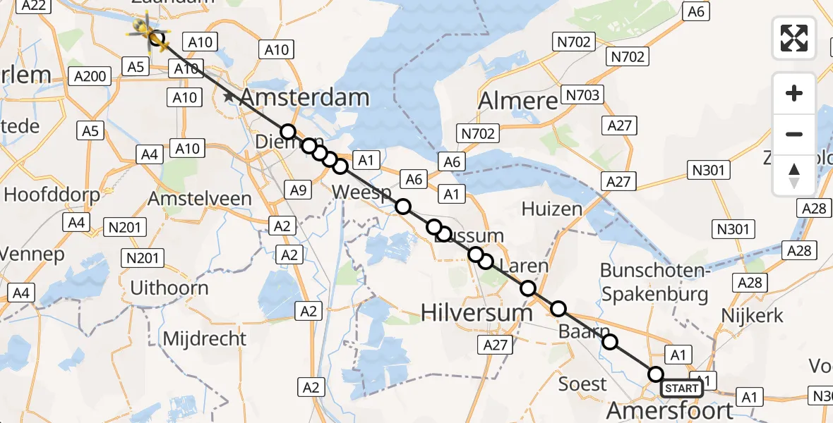 Vluchtroute Traumahelikopter Amersfoort - Amsterdam Heliport, 08 juni 2026, 21:23