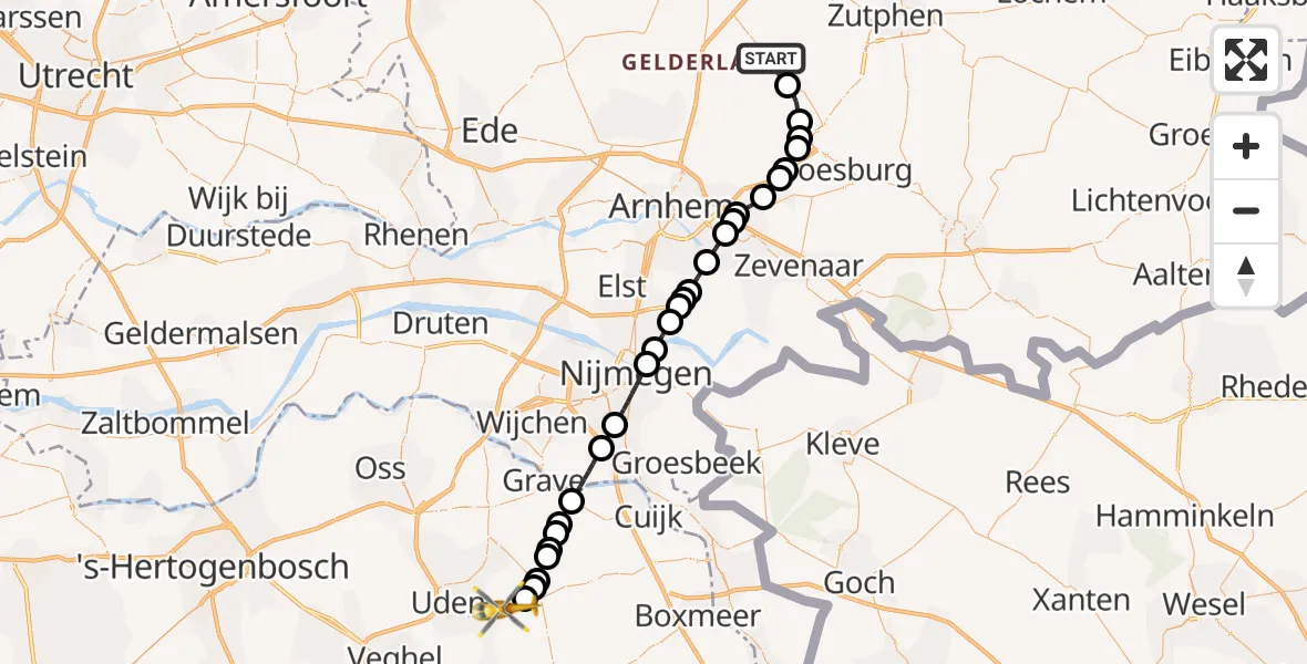 Vluchtroute Traumahelikopter Eerbeek - Vliegbasis Volkel, 08 juni 2026, 23:10