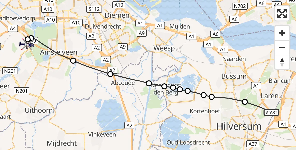 Vluchtroute Politiehelikopter Laren - Amsterdam Vliegveld Schiphol, 09 juni 2026, 00:09