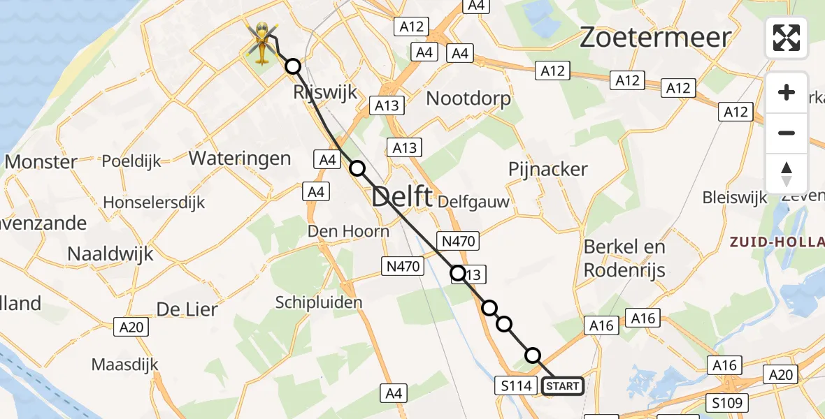 Vluchtroute Traumahelikopter Rotterdam The Hague Airport - 's-Gravenhage, 09 juni 2026, 07:34