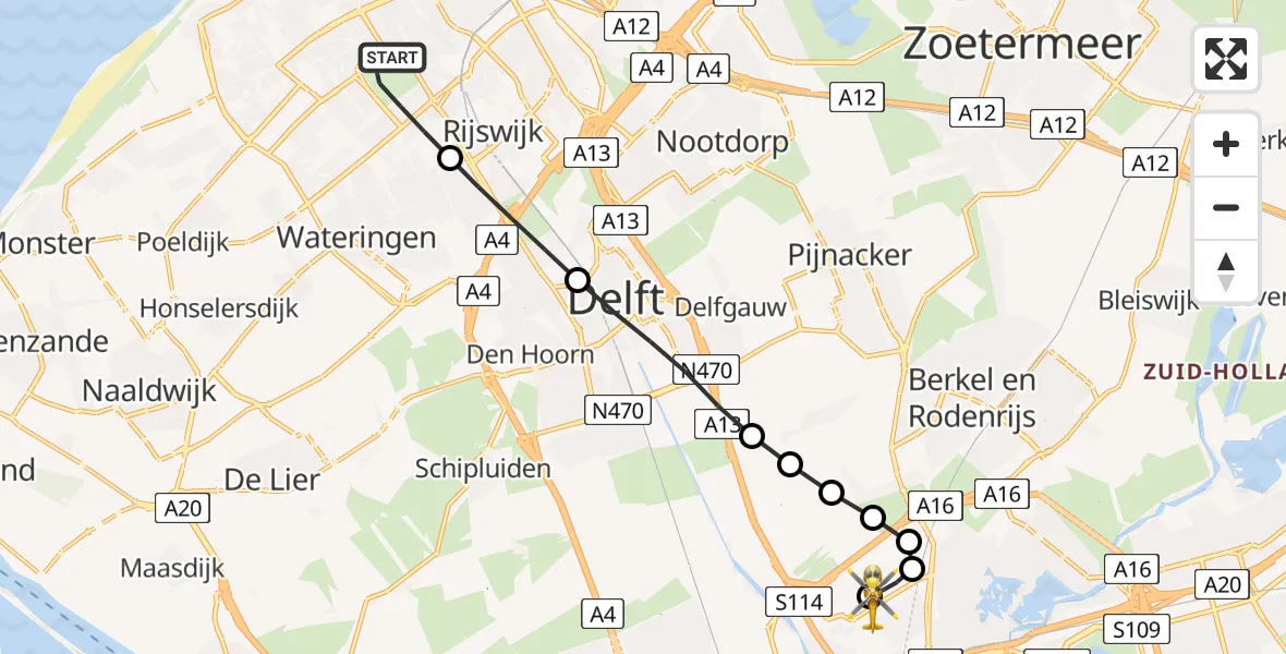Vluchtroute Traumahelikopter 's-Gravenhage - Rotterdam The Hague Airport, 09 juni 2026, 08:08