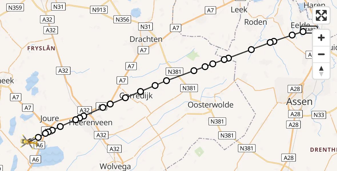Vluchtroute Traumahelikopter Groningen Airport Eelde - Sint Nicolaasga, 09 juni 2026, 10:17