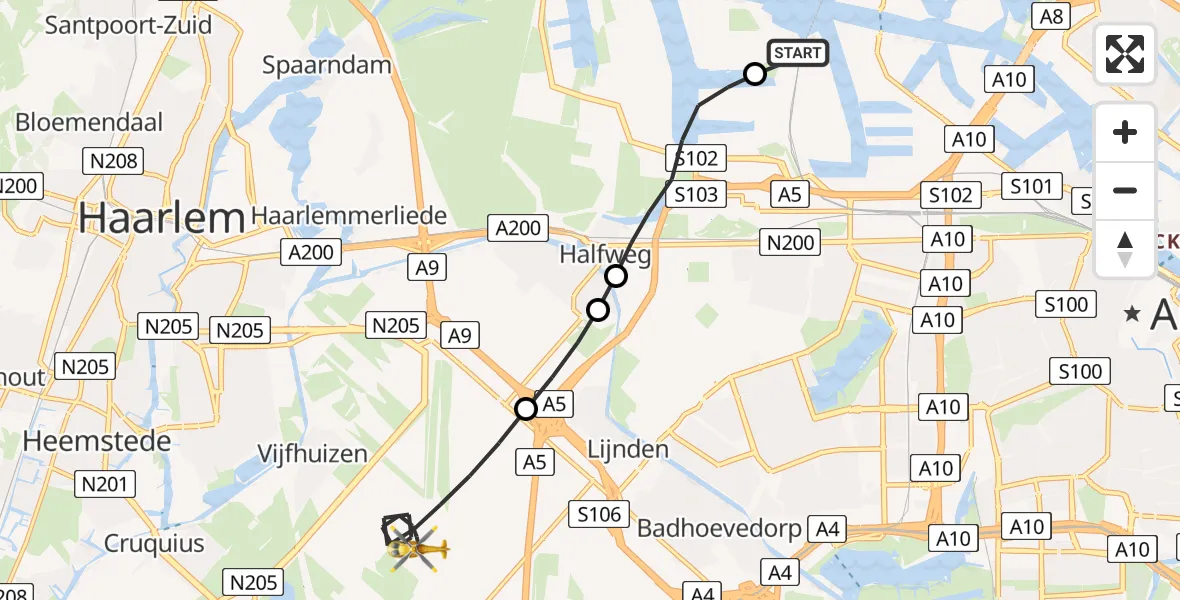Vluchtroute Traumahelikopter Amsterdam Heliport - Amsterdam Vliegveld Schiphol, 09 juni 2026, 10:53