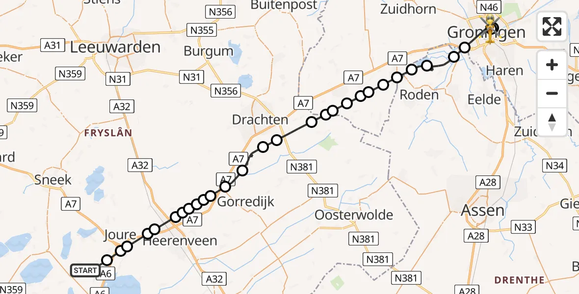 Vluchtroute Traumahelikopter Sint Nicolaasga - Universitair Medisch Centrum Groningen, 09 juni 2026, 11:21