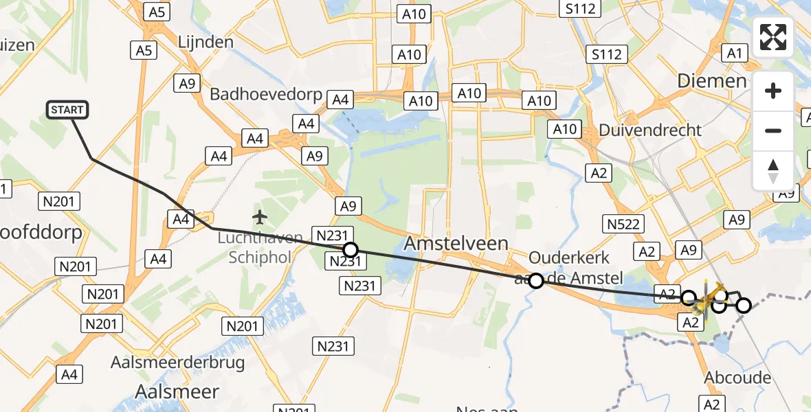 Vluchtroute Traumahelikopter Amsterdam Vliegveld Schiphol - Amsterdam UMC Helipad, 09 juni 2026, 11:39