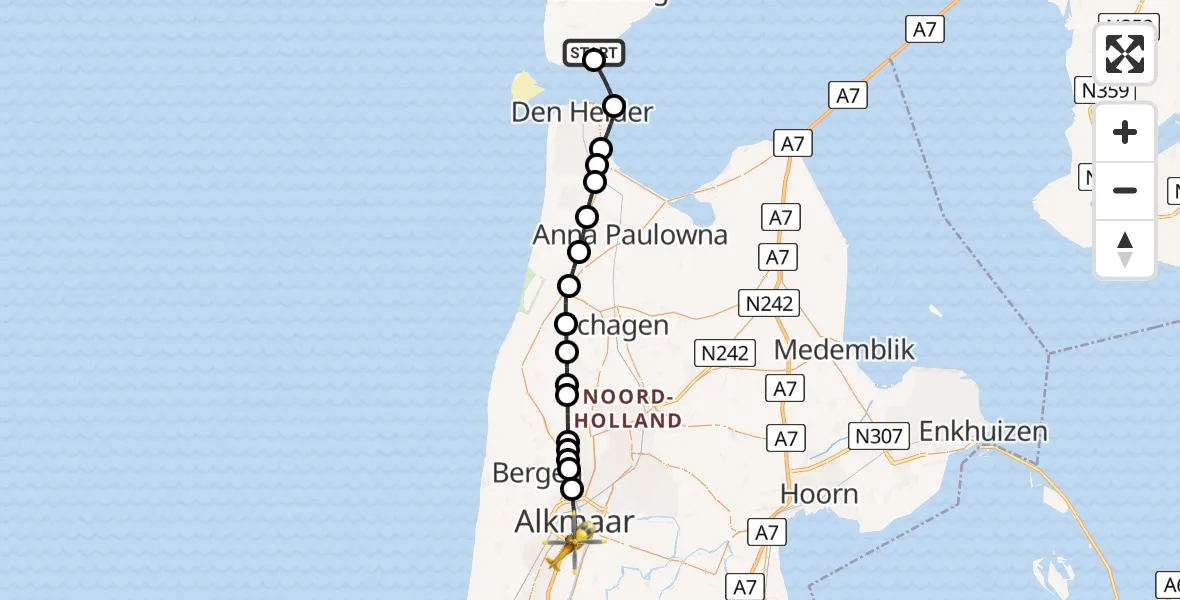 Vluchtroute Ambulancehelikopter Den Hoorn - Alkmaar, 09 juni 2026, 12:21