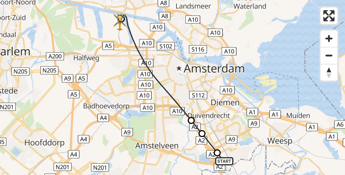 Vluchtroute Traumahelikopter Amsterdam UMC Helipad - Amsterdam Heliport, 09 juni 2026, 12:23