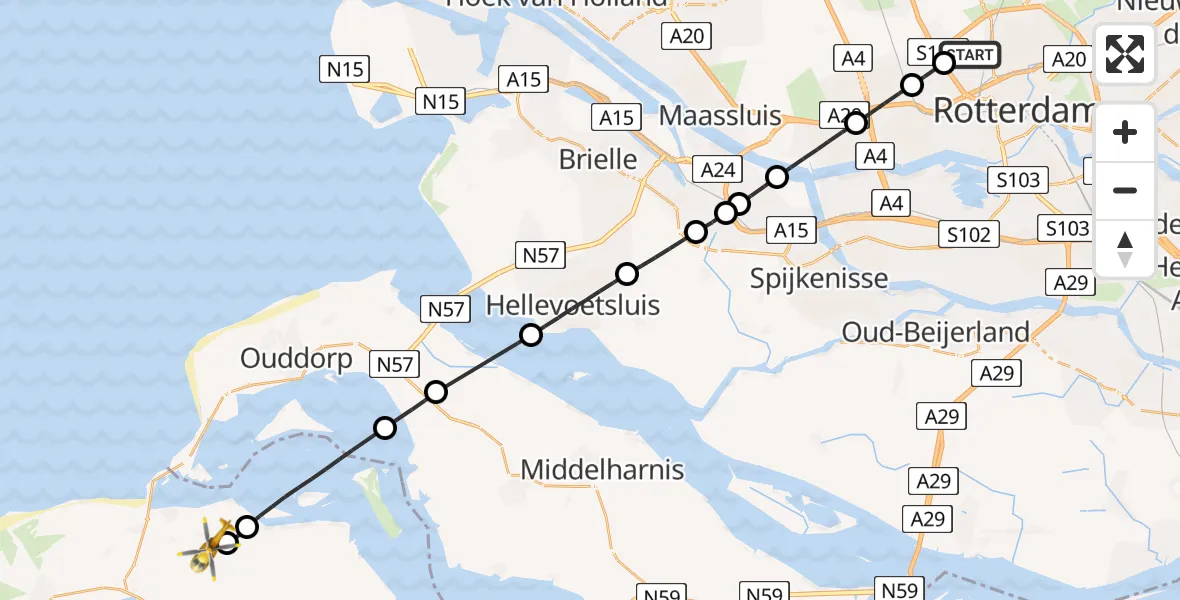 Vluchtroute Traumahelikopter Rotterdam The Hague Airport - Scharendijke, 09 juni 2026, 16:52