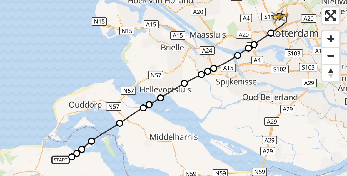 Vluchtroute Traumahelikopter Scharendijke - Rotterdam The Hague Airport, 09 juni 2026, 17:44