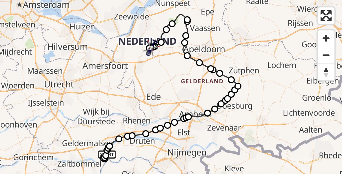 Vluchtroute Politiehelikopter Ophemert - Putten, 09 juni 2026, 18:06