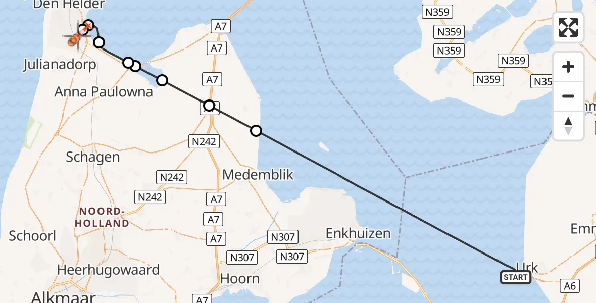 Vluchtroute Kustwachthelikopter IJsselmeer - Militair vliegveld De Kooy / Den Helder Airport, 09 juni 2026, 18:19
