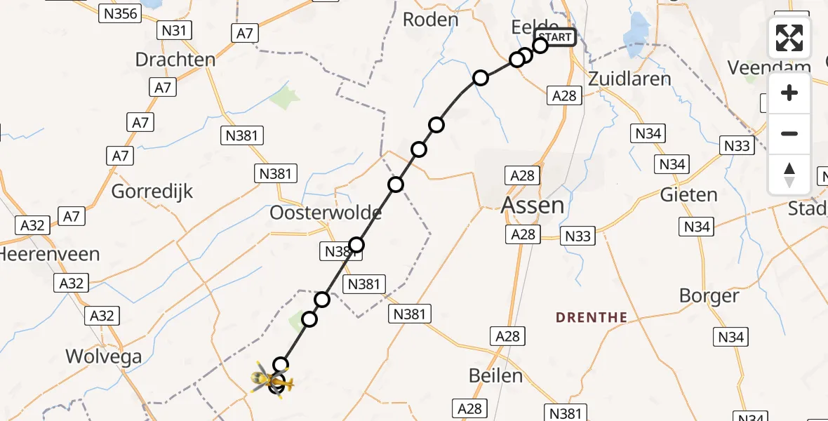 Vluchtroute Traumahelikopter Groningen Airport Eelde - Vledder, 09 juni 2026, 18:24