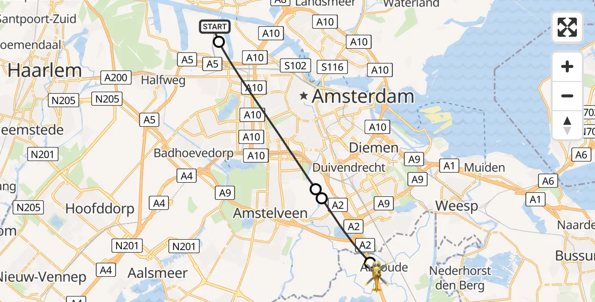 Vluchtroute Traumahelikopter Amsterdam Heliport - Abcoude, 09 juni 2026, 19:01