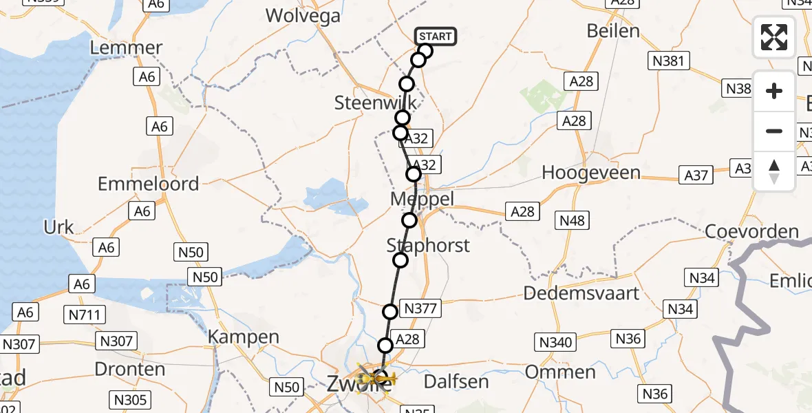 Vluchtroute Traumahelikopter Vledder - Isala Hospital Zwolle Heliport, 09 juni 2026, 19:05