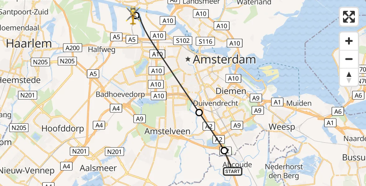 Vluchtroute Traumahelikopter Abcoude - Amsterdam Heliport, 09 juni 2026, 19:36