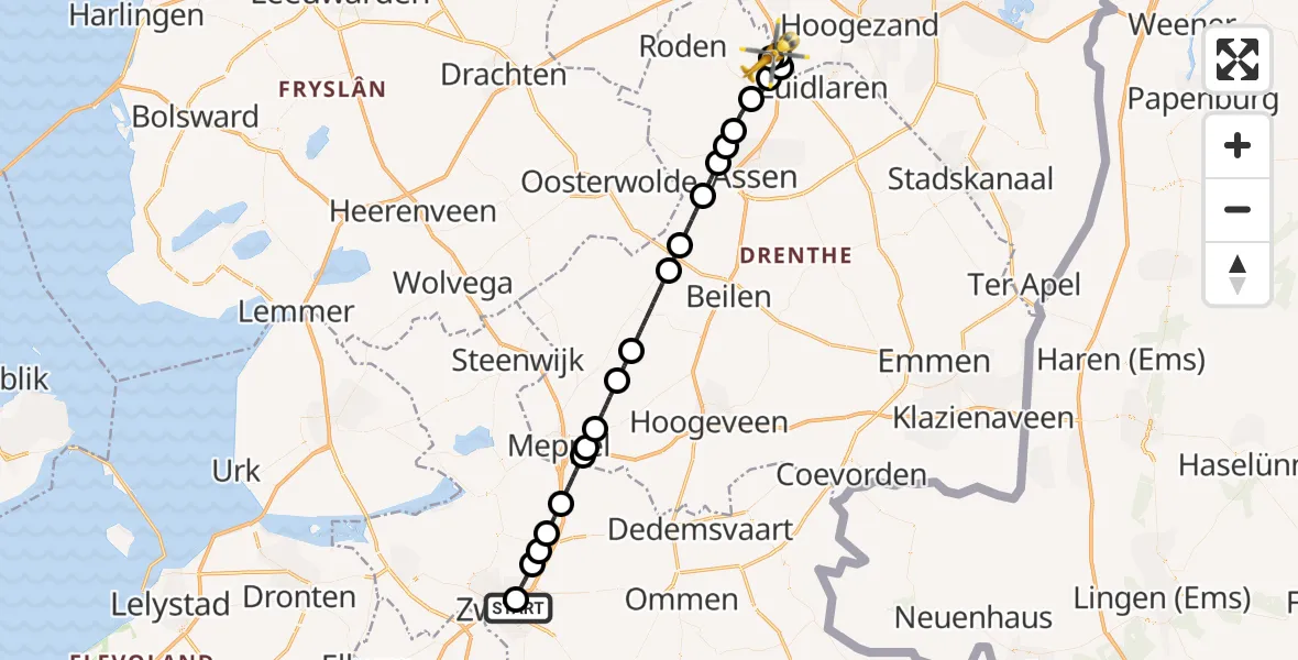Vluchtroute Traumahelikopter Isala Hospital Zwolle Heliport - Groningen Airport Eelde, 09 juni 2026, 19:48