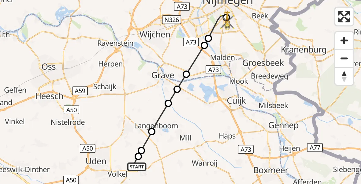 Vluchtroute Traumahelikopter Vliegbasis Volkel - Radboud University Medical Center Heliport, 09 juni 2026, 21:06