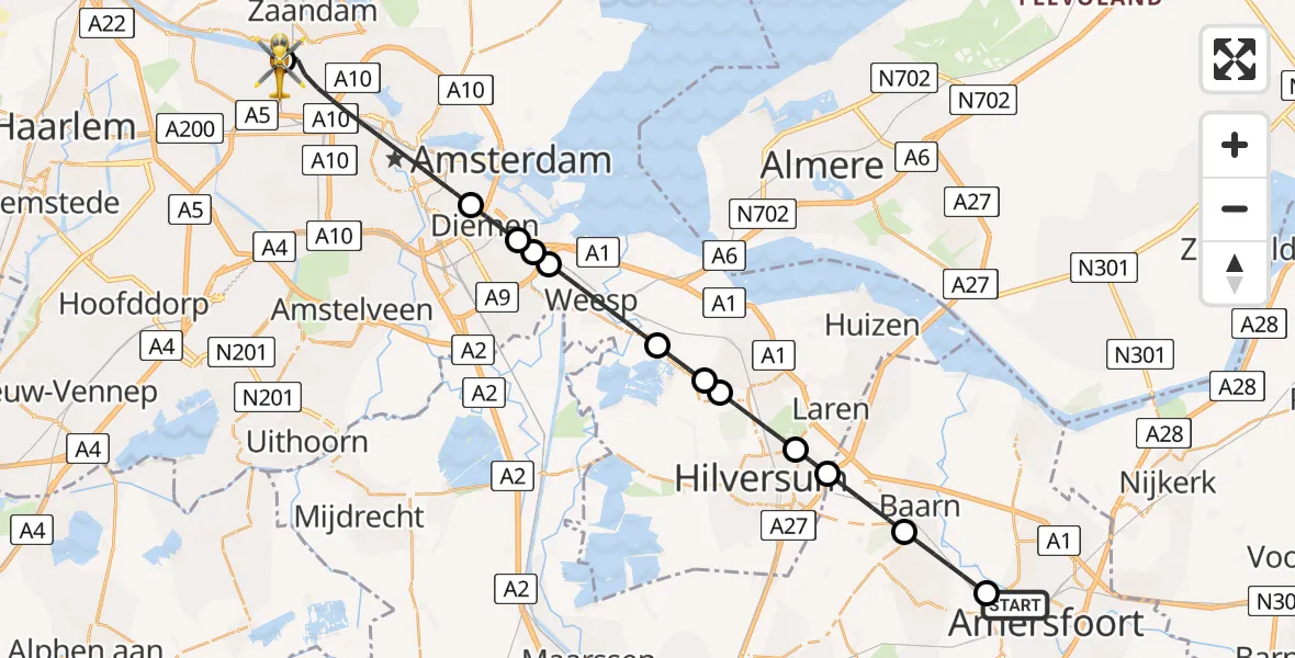 Vluchtroute Traumahelikopter Amersfoort - Amsterdam Heliport, 10 juni 2026, 04:00