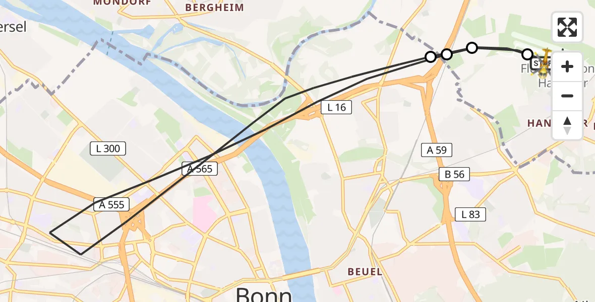 Vluchtroute Traumahelikopter Bonn-Hangelar Flugplatz - Bonn-Hangelar Flugplatz, 10 juni 2026, 06:05