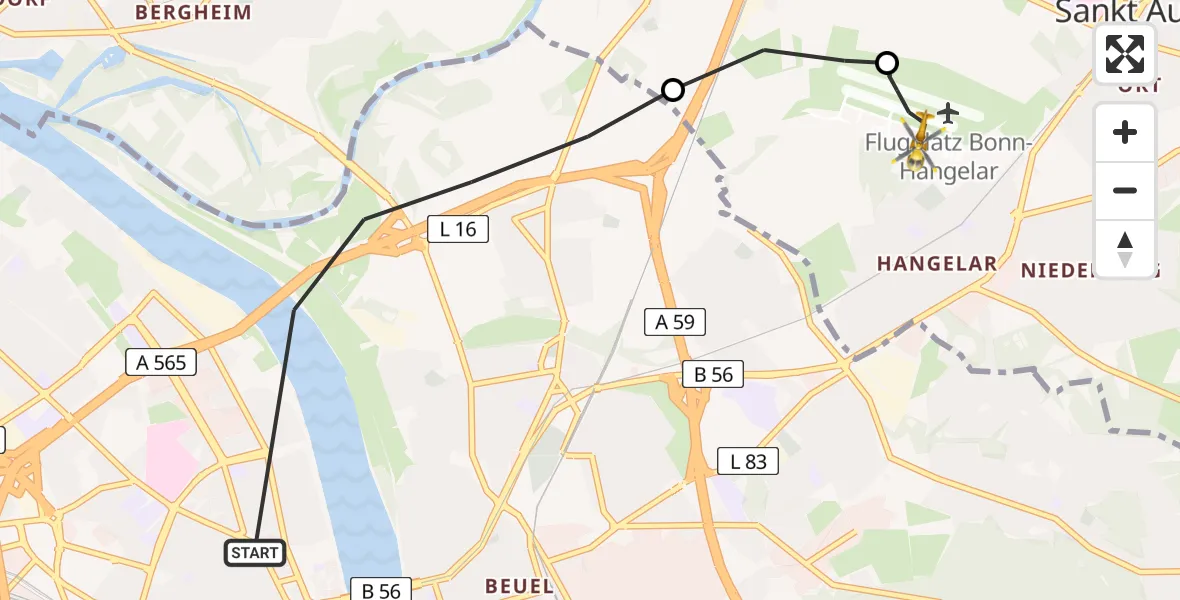 Vluchtroute Traumahelikopter Bonn - Bonn-Hangelar Flugplatz, 10 juni 2026, 09:40