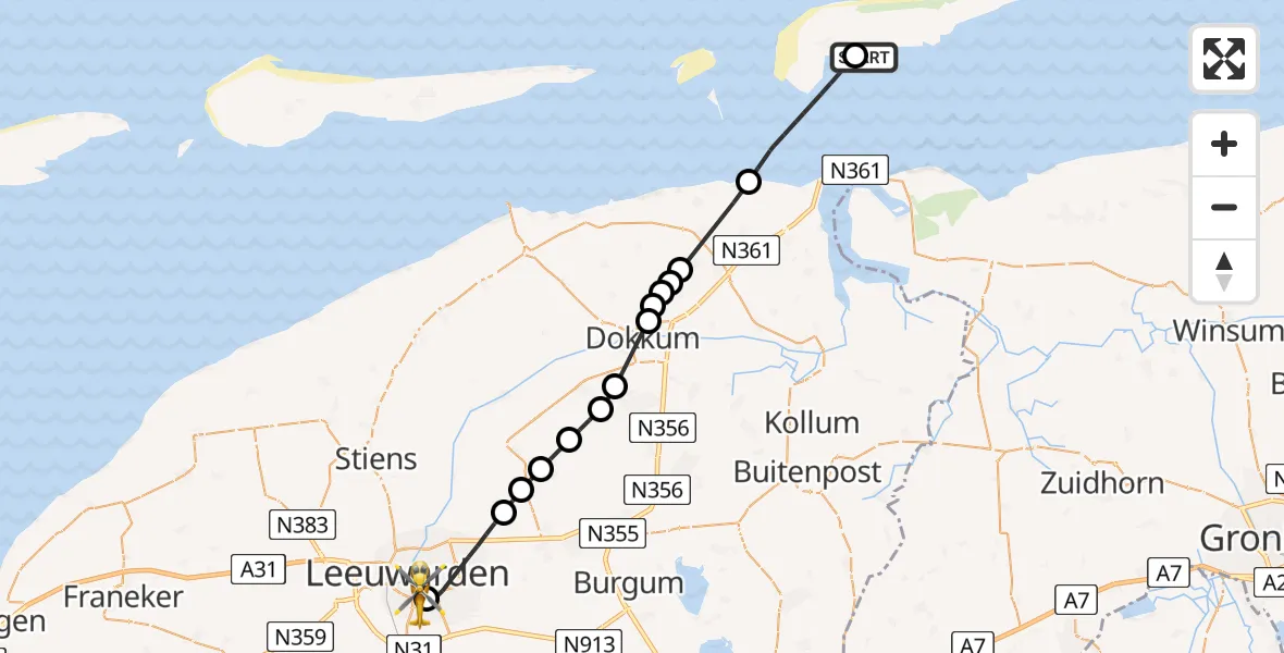 Vluchtroute Ambulancehelikopter Schiermonnikoog Heliport - Leeuwarden Medical Center Heliport, 10 juni 2026, 11:24