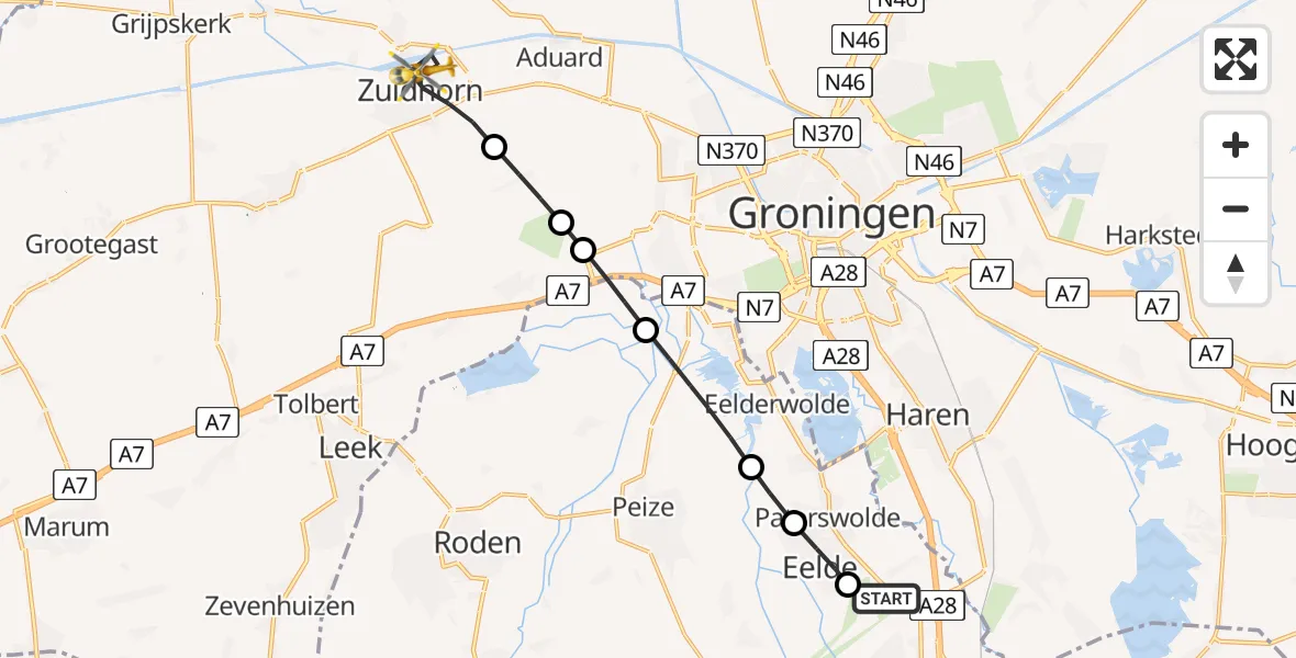 Vluchtroute Traumahelikopter Groningen Airport Eelde - Zuidhorn, 10 juni 2026, 12:19