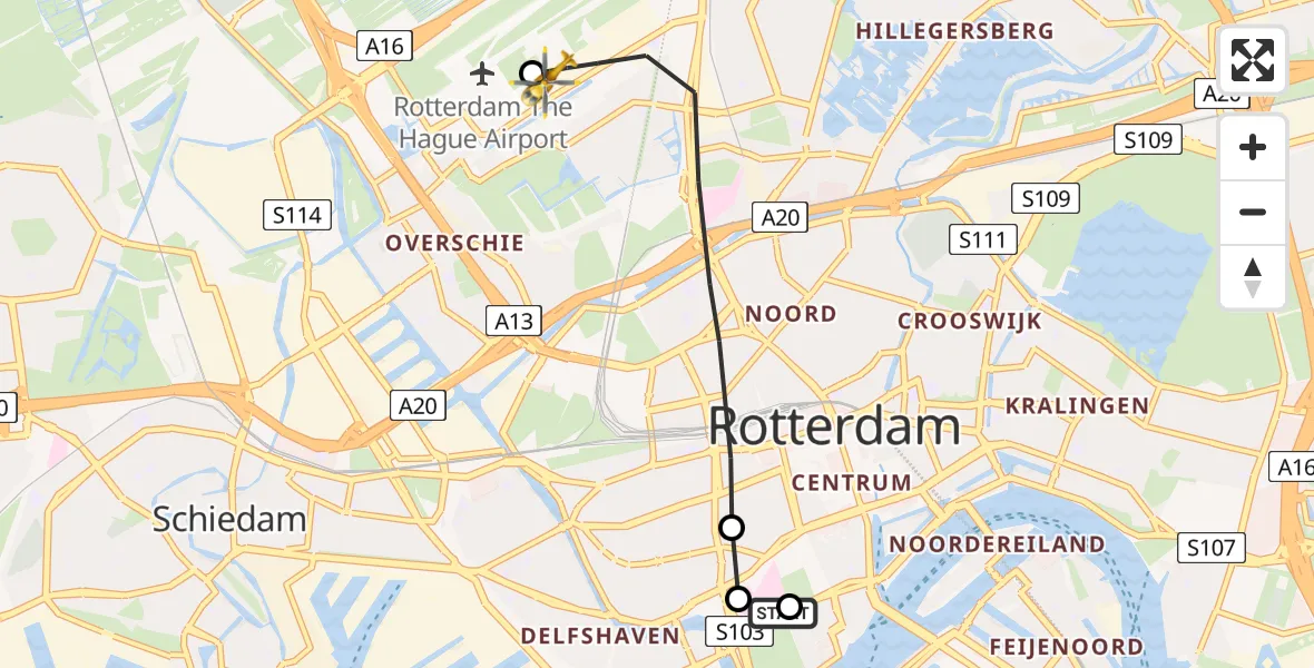 Vluchtroute Traumahelikopter Leids Universitair Medisch Centrum (LUMC) - Rotterdam The Hague Airport, 10 juni 2026, 13:01