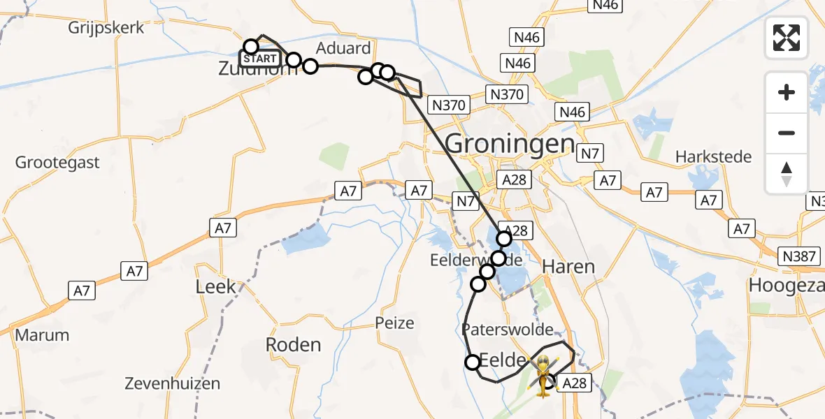 Vluchtroute Traumahelikopter Zuidhorn - Groningen Airport Eelde, 10 juni 2026, 13:11