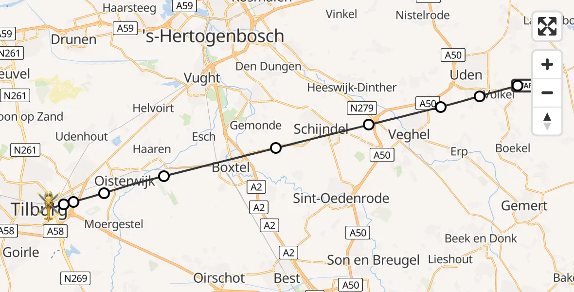 Vluchtroute Traumahelikopter Vliegbasis Volkel - Tilburg, 10 juni 2026, 18:06