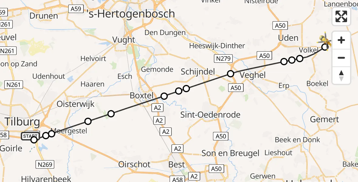 Vluchtroute Traumahelikopter St. Elisabeth Hospital Heliport - Vliegbasis Volkel, 10 juni 2026, 19:17