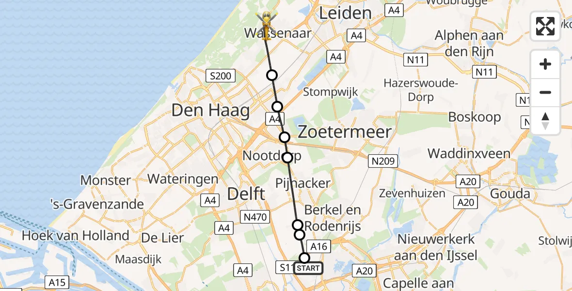 Vluchtroute Traumahelikopter Rotterdam The Hague Airport - Wassenaar, 10 juni 2026, 20:08