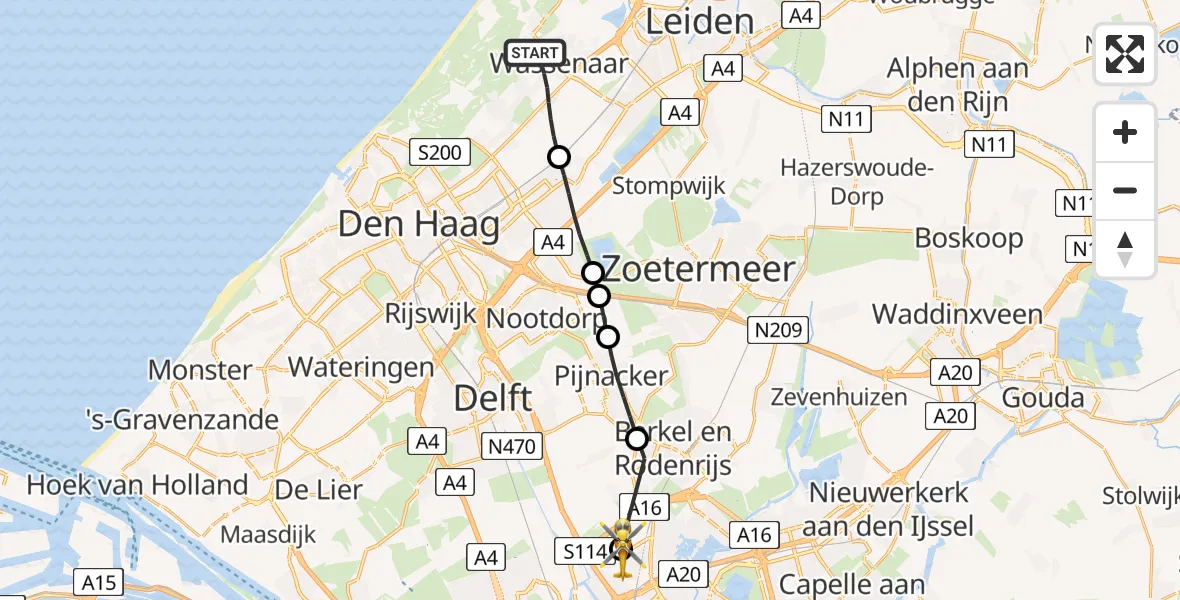 Vluchtroute Traumahelikopter Wassenaar - Rotterdam The Hague Airport, 10 juni 2026, 20:23
