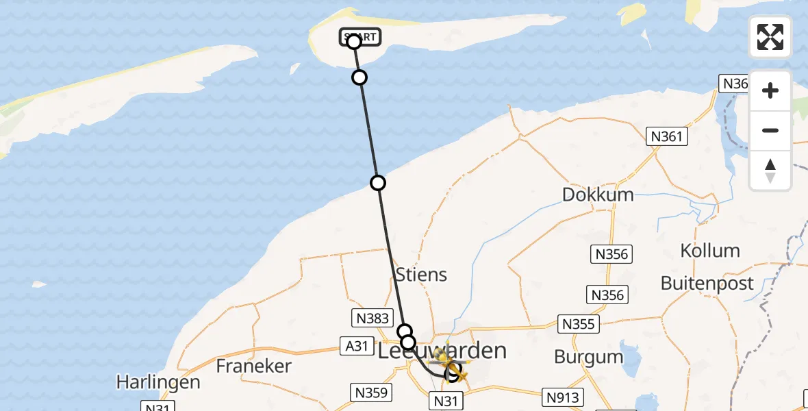 Vluchtroute Ambulancehelikopter Ameland Vliegveld Ballum - Leeuwarden Medical Center Heliport, 10 juni 2026, 20:25