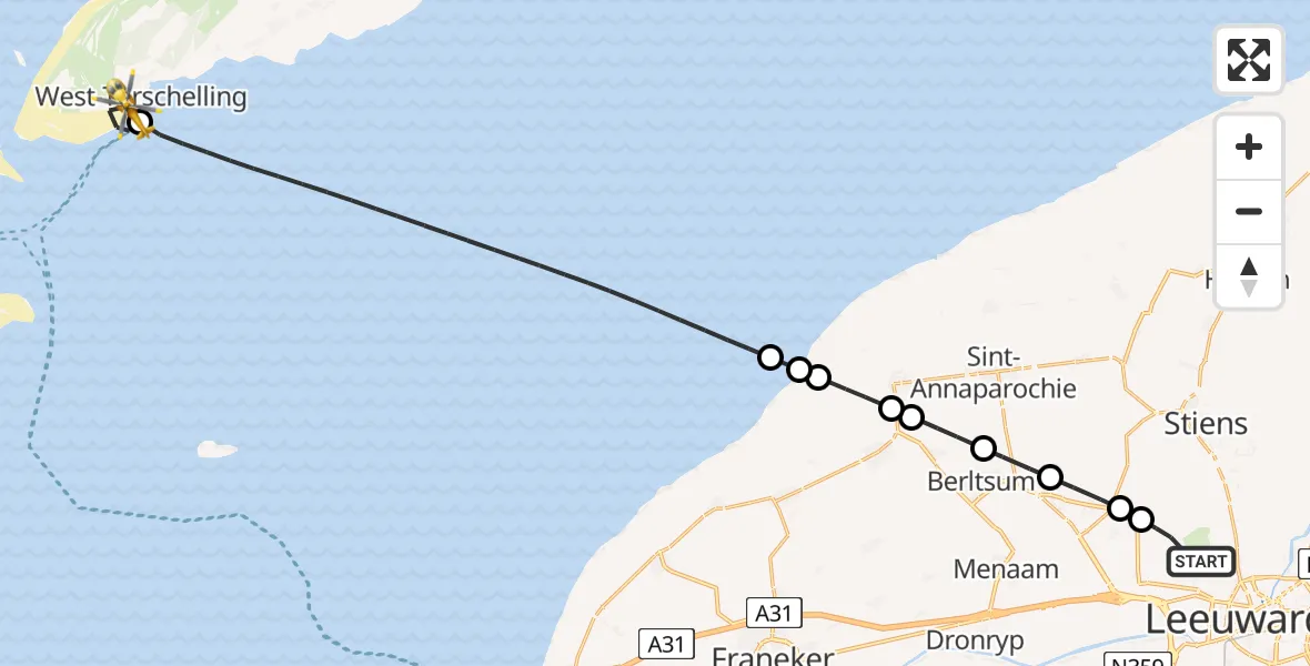 Vluchtroute Ambulancehelikopter Vliegbasis Leeuwarden - West-Terschelling, 10 juni 2026, 22:44