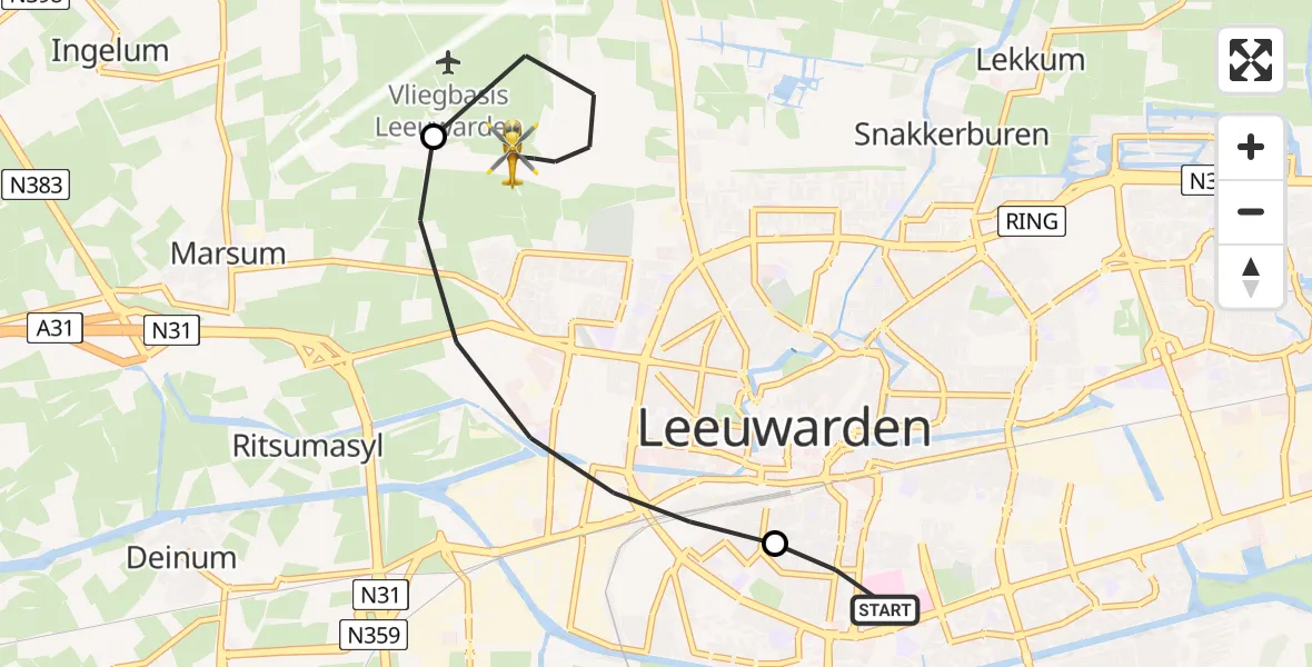 Vluchtroute Ambulancehelikopter Leeuwarden Medical Center Heliport - Vliegbasis Leeuwarden, 10 juni 2026, 23:50