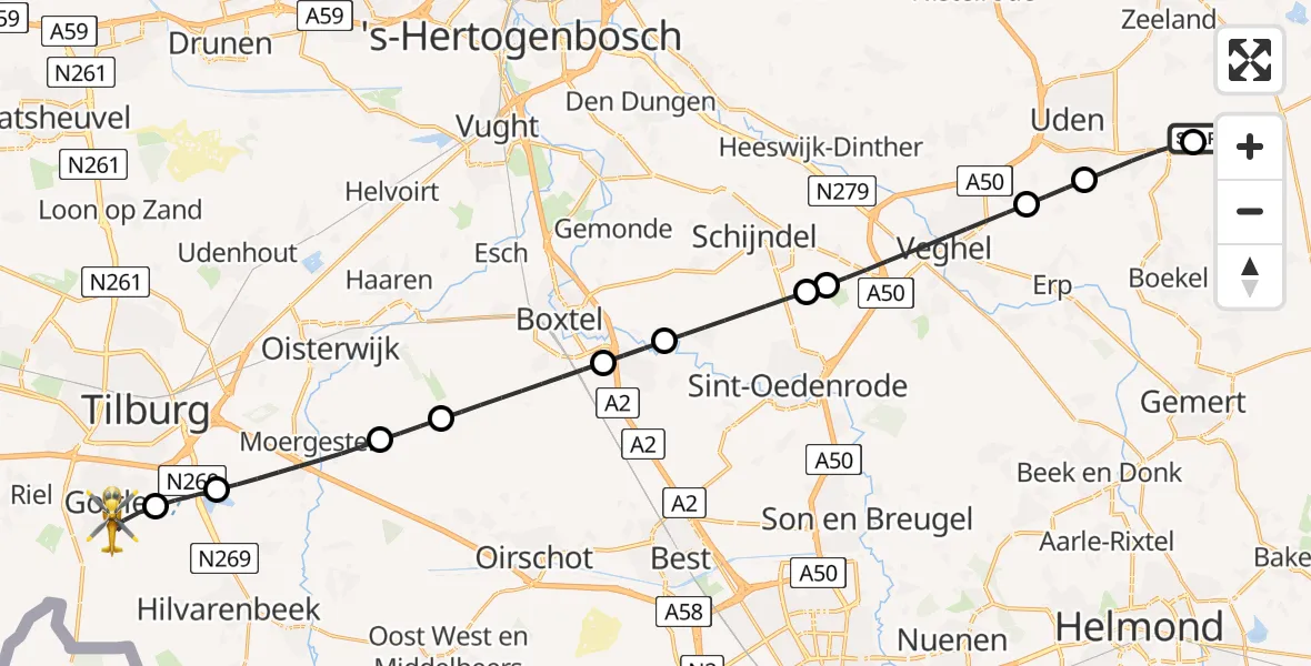 Vluchtroute Traumahelikopter Vliegbasis Volkel - Goirle, 11 juni 2026, 02:10