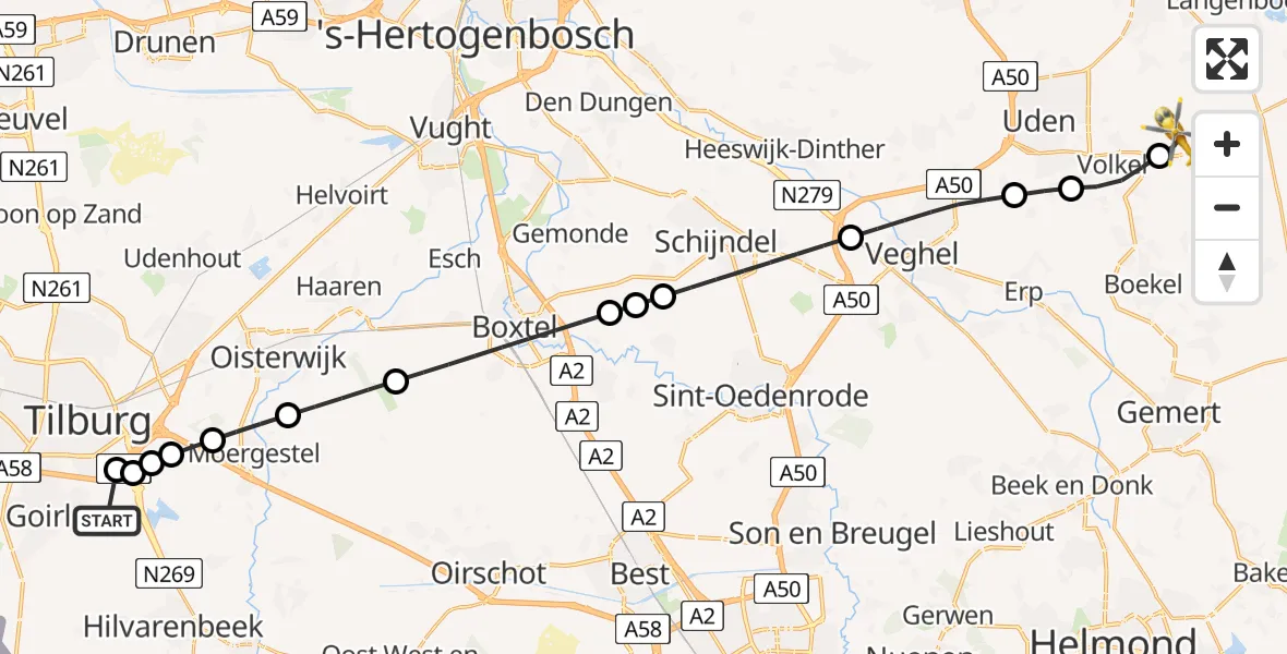Vluchtroute Traumahelikopter Goirle - Vliegbasis Volkel, 11 juni 2026, 03:31