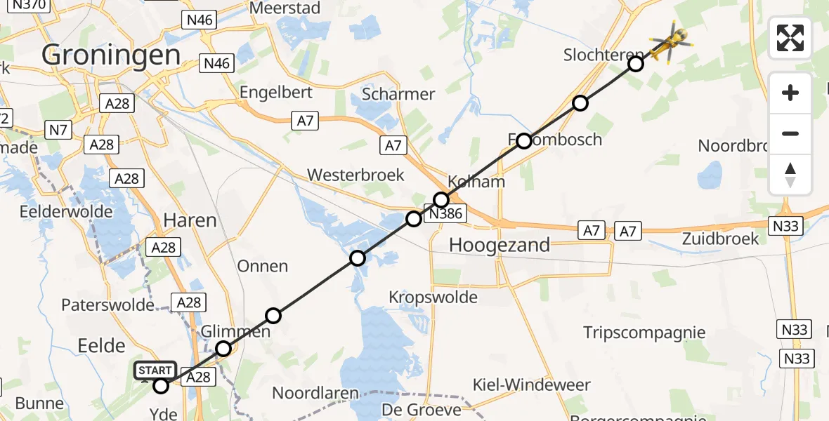 Vluchtroute Traumahelikopter Groningen Airport Eelde - Schildwolde, 11 juni 2026, 05:22