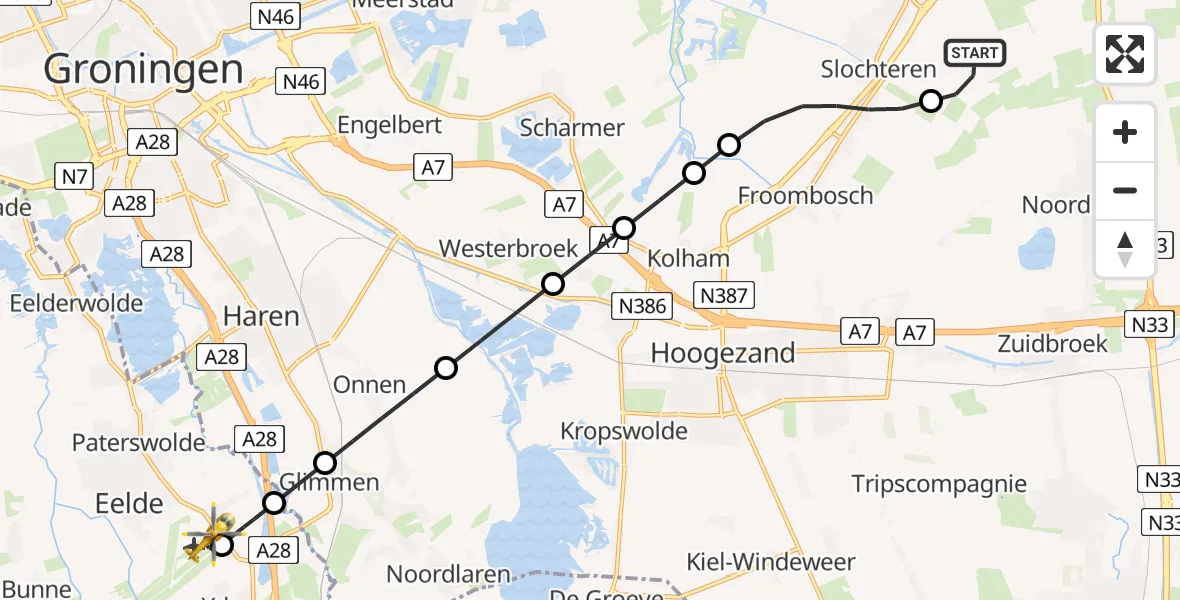 Vluchtroute Traumahelikopter Schildwolde - Groningen Airport Eelde, 11 juni 2026, 06:03