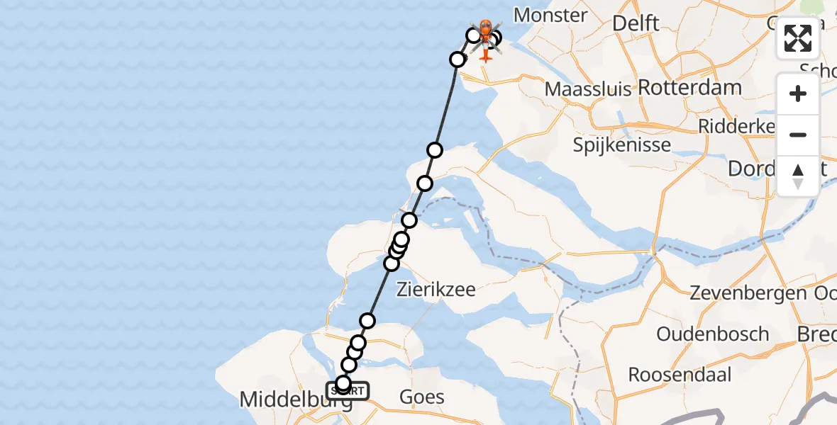 Vluchtroute Kustwachthelikopter Vliegveld Midden-Zeeland - Maasvlakte Rotterdam, 11 juni 2026, 07:00