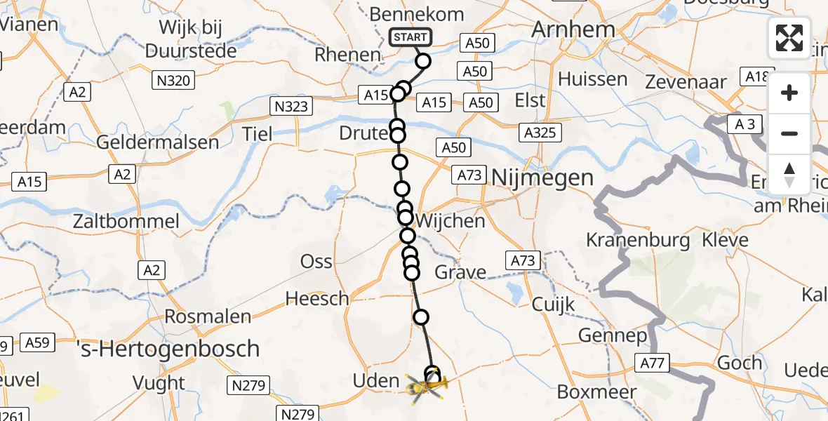 Vluchtroute Traumahelikopter Wageningen - Vliegbasis Volkel, 11 juni 2026, 09:05