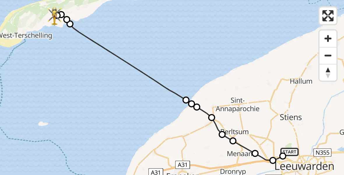 Vluchtroute Ambulancehelikopter Vliegbasis Leeuwarden - Terschelling Heliport, 11 juni 2026, 09:08