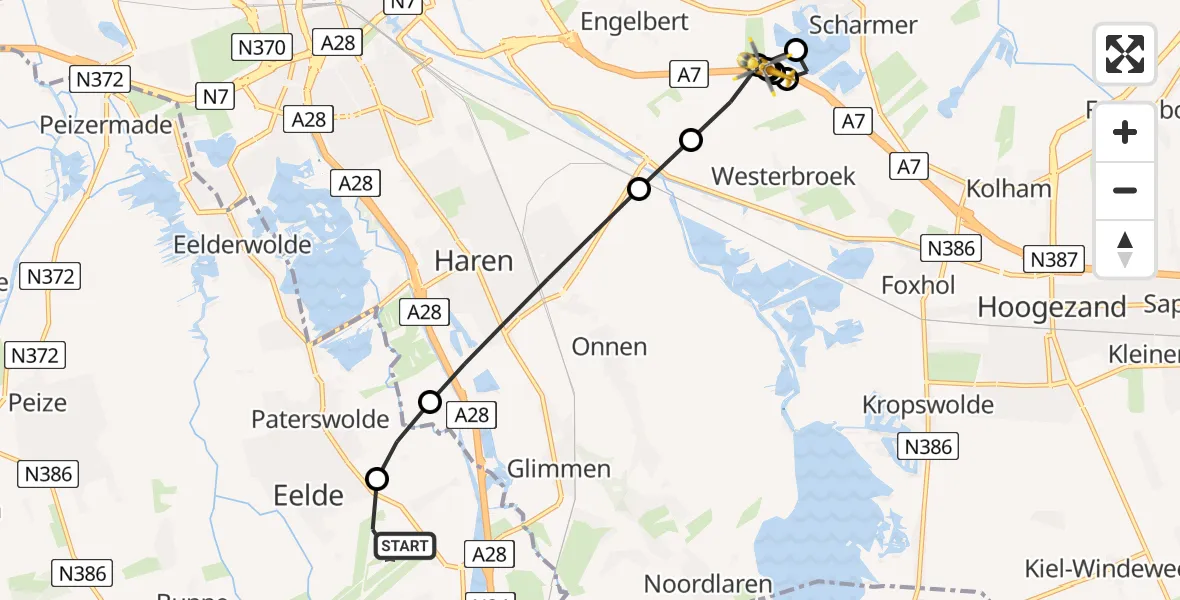 Vluchtroute Traumahelikopter Groningen Airport Eelde - Harkstede, 11 juni 2026, 09:19