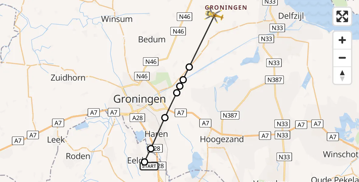 Vluchtroute Traumahelikopter Groningen Airport Eelde - Loppersum, 11 juni 2026, 10:36