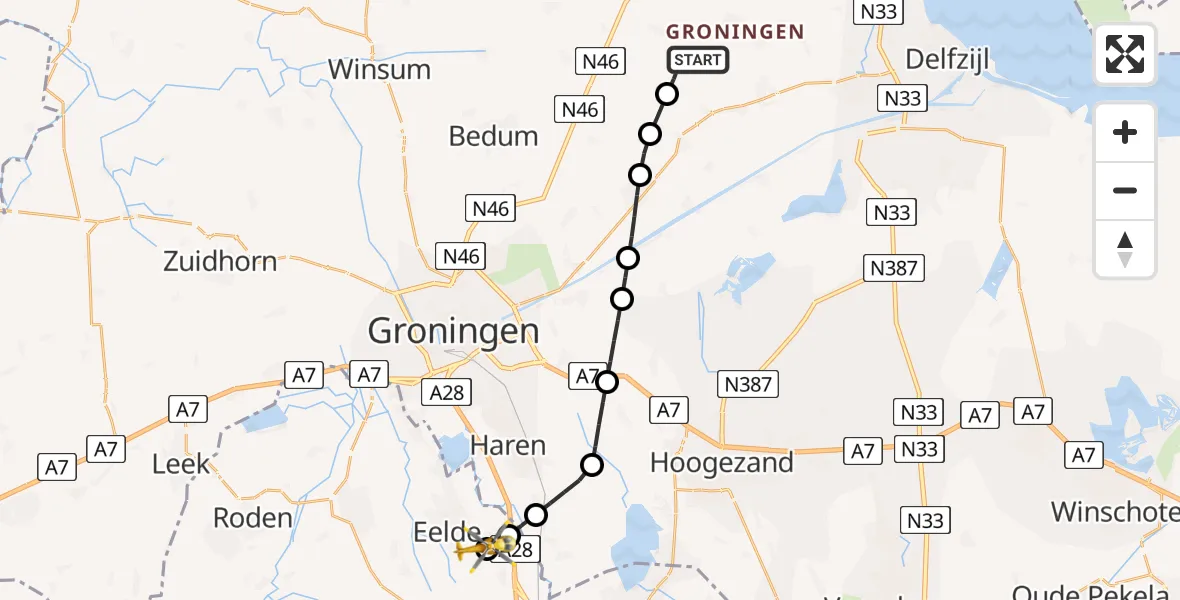 Vluchtroute Traumahelikopter Loppersum - Groningen Airport Eelde, 11 juni 2026, 11:11