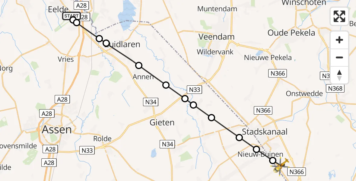 Vluchtroute Traumahelikopter Groningen Airport Eelde - Musselkanaal, 11 juni 2026, 14:48