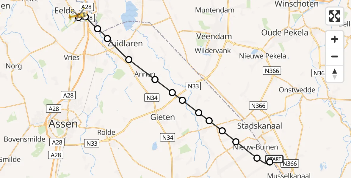 Vluchtroute Traumahelikopter Musselkanaal - Groningen Airport Eelde, 11 juni 2026, 15:22