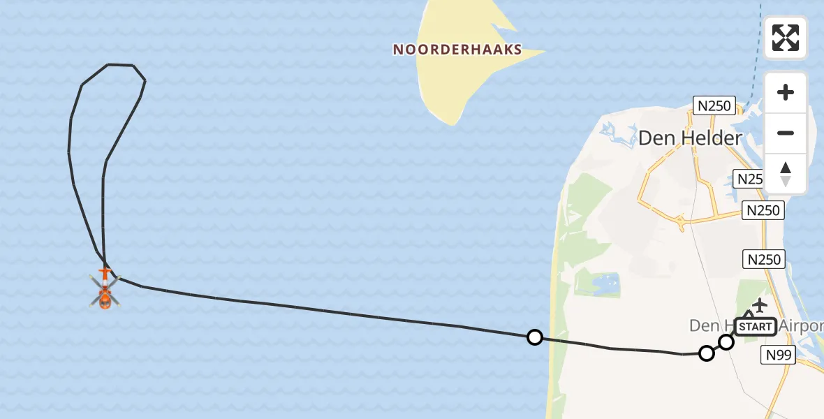 Vluchtroute Kustwachthelikopter Militair vliegveld De Kooy / Den Helder Airport - Noordzee, 11 juni 2026, 20:32