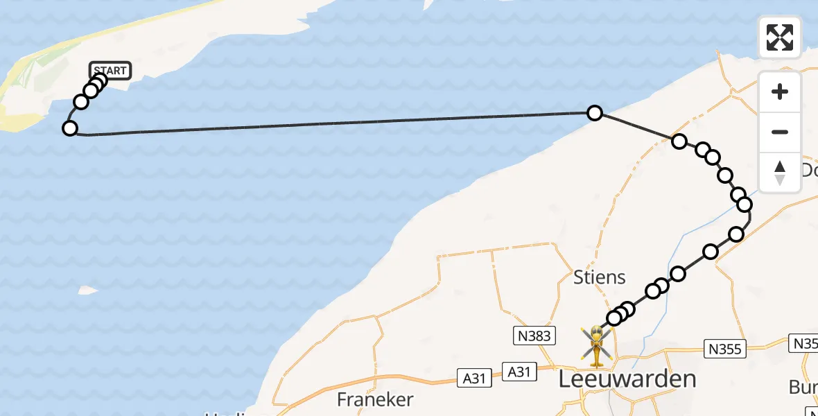 Vluchtroute Ambulancehelikopter Terschelling Heliport - Vliegbasis Leeuwarden, 11 juni 2026, 21:10