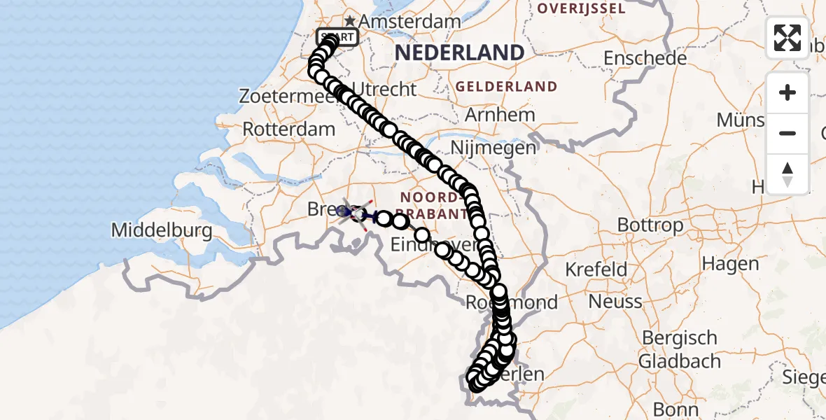 Vluchtroute Politiehelikopter Amsterdam Vliegveld Schiphol - Vliegbasis Gilze Rijen, 12 juni 2026, 06:48